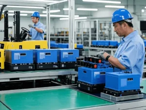 Chinese workers are meticulously assembling forklift lithium batteries on a modern production line, showcasing the professionalism of the manufacturing process.