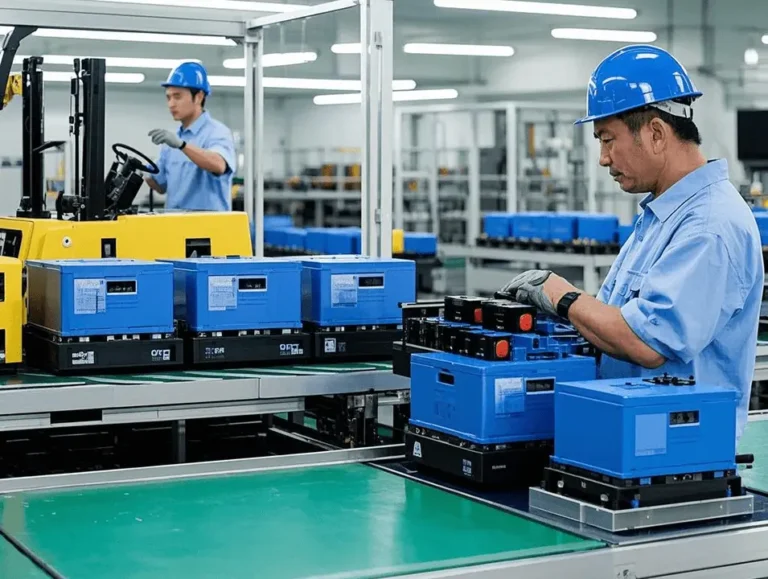 Chinese workers are meticulously assembling forklift lithium batteries on a modern production line, showcasing the professionalism of the manufacturing process.