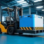 A forklift is working with a lithium - ion battery produced by the company, demonstrating the application scenario of our core product.
