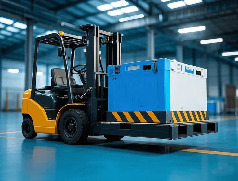 A forklift is working with a lithium - ion battery produced by the company, demonstrating the application scenario of our core product.