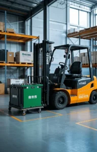 A forklift is operating efficiently in a warehouse, powered by the batteries produced by the company, highlighting the practical application effect of the products.