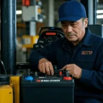 A forklift operator is installing or inspecting a forklift battery. The image is styled like a cinematic photo, emphasizing the business - related scenario.