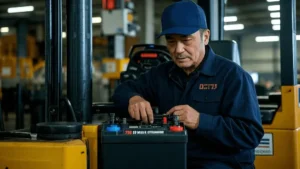 A forklift operator is installing or inspecting a forklift battery. The image is styled like a cinematic photo, emphasizing the business - related scenario.