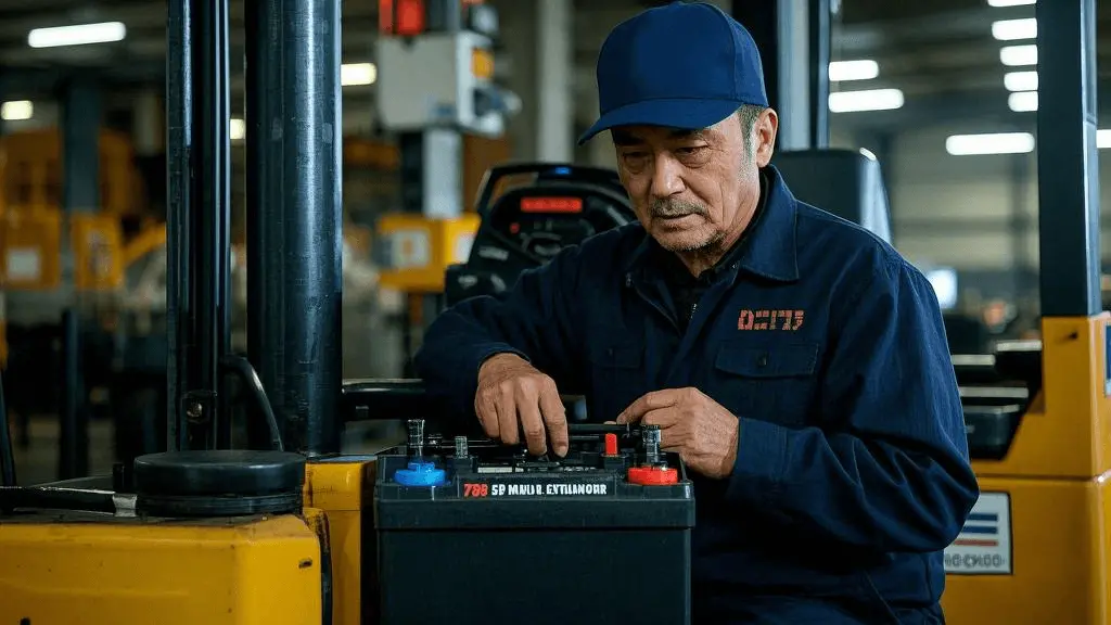 A forklift operator is installing or inspecting a forklift battery. The image is styled like a cinematic photo, emphasizing the business - related scenario.